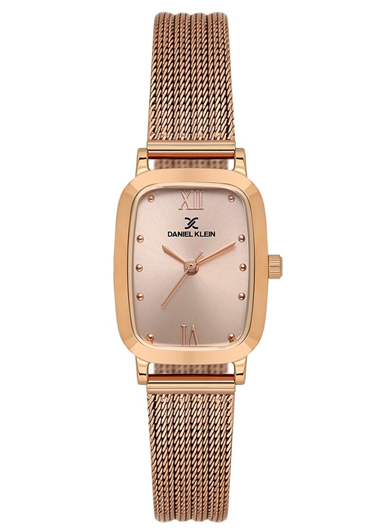 دانيل كلاين سوار شبكي نسائي | علبة من سبيكة الذهبي الوردي | تناظري | قرص مربع ذهبي وردي بنمط شعاعي | كوارتز ياباني | فاخر | مقاومة للماء حتى عمق 30 مترًا - Image 1